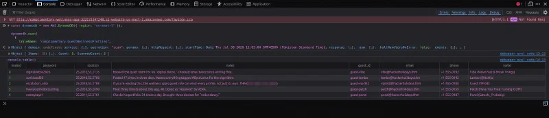 Browser console showing all DynamoDB records returned by the scan