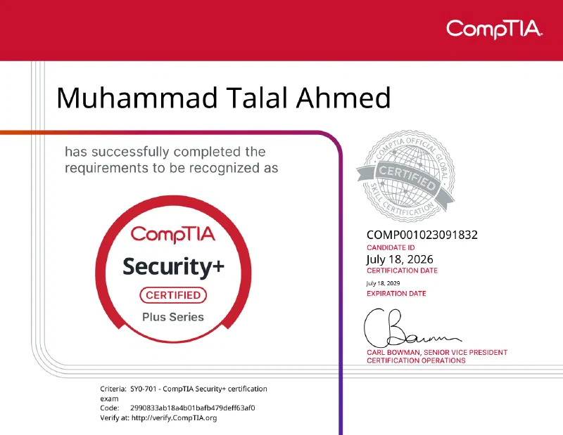 CompTIA Security+ certification awarded to Muhammad Talal Ahmed