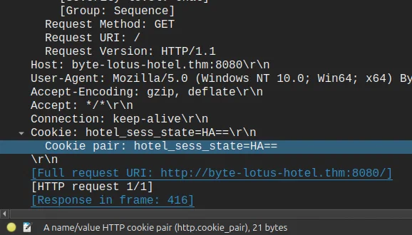 Wireshark showing an encoded keystroke in the hotel_sess_state cookie