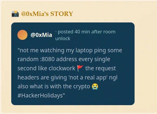 0xMia&rsquo;s story hint about regular requests to port 8080