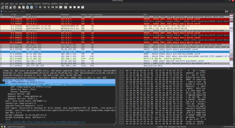 Wireshark showing the request for the updates.py script