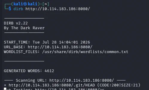 DIRB discovering the exposed .git directory
