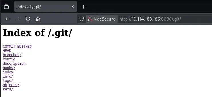 Directory listing for the exposed Git repository