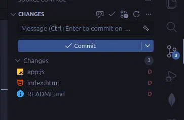 Visual Studio Code showing three deleted files recovered from Git metadata