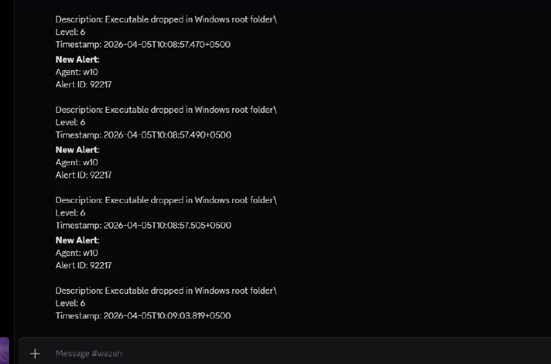 Discord channel receiving Wazuh executable-drop alerts from n8n