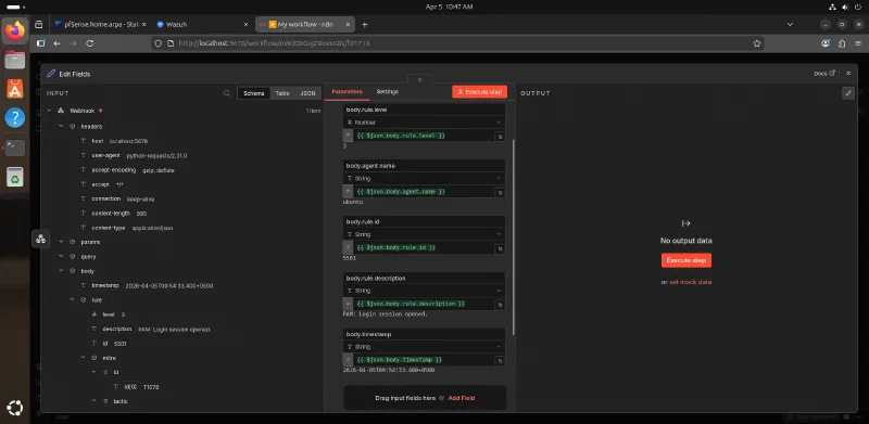 n8n field-mapping step extracting rule level, agent, ID, description, and timestamp from a Wazuh webhook