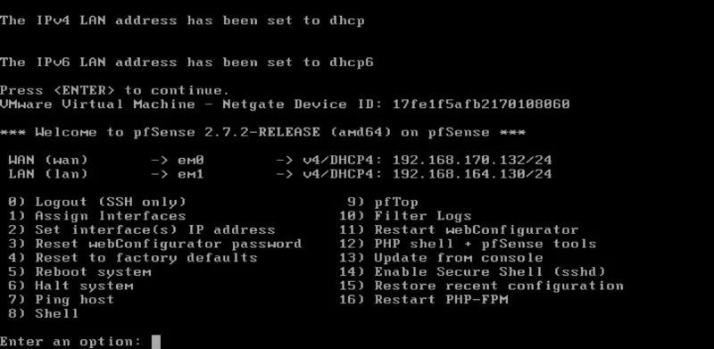 pfSense 2.7.2 console showing the lab WAN and LAN interfaces