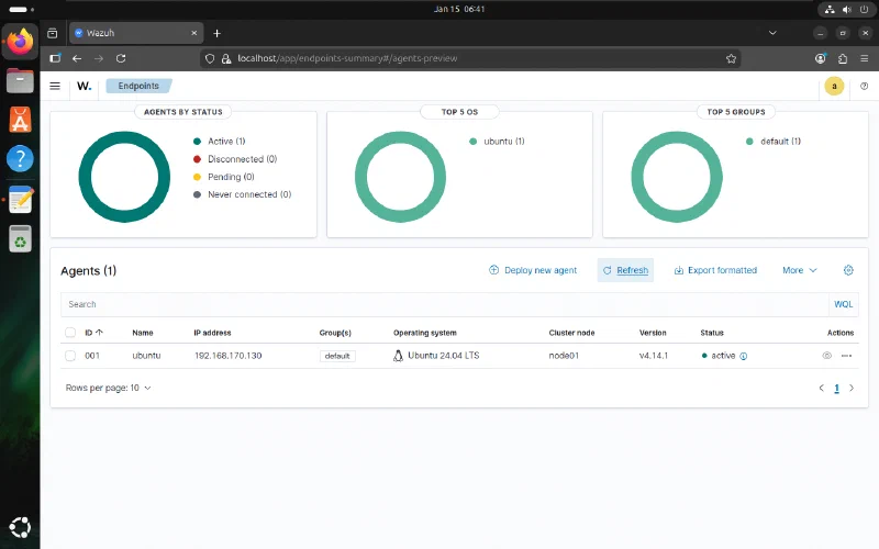 Wazuh agent summary showing the enrolled Ubuntu endpoint as active
