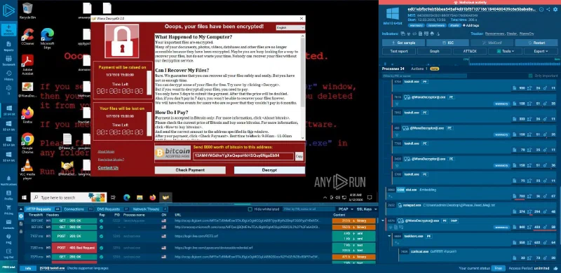ANY.RUN session showing the Wanna Decryptor interface and associated process activity