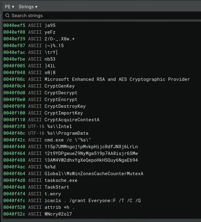 Binary Ninja strings view showing CryptoAPI imports and embedded WannaCry commands