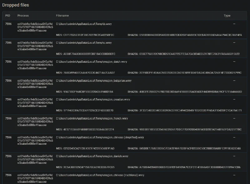 Sandbox dropped-files table listing WannaCry components written during execution