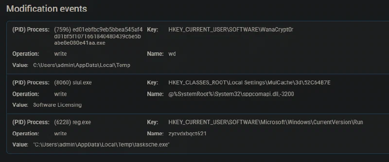 Sandbox registry modification events including the WannaCryptor key and CurrentVersion Run persistence