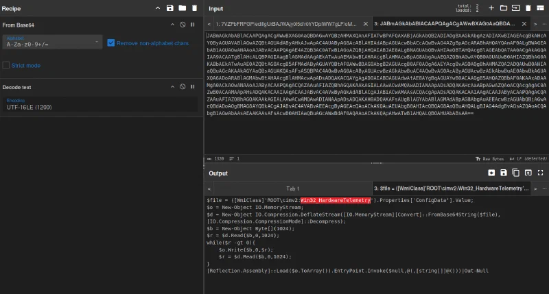 CyberChef decoding the PowerShell command and revealing the custom WMI class