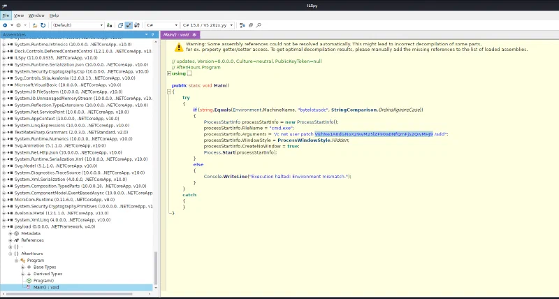 ILSpy showing the environment check and hidden net user command