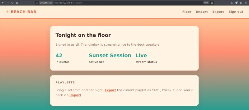 Beach Bar jukebox dashboard after signing in