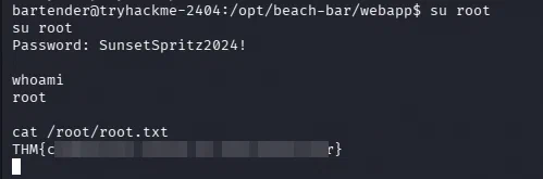 Using the leaked password to become root and retrieve the masked root flag