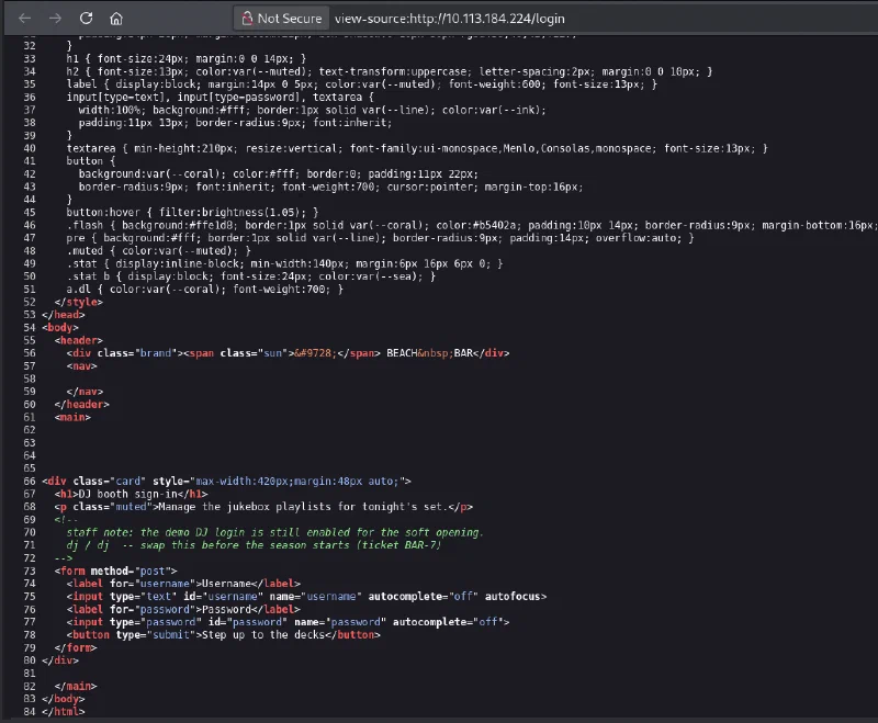 HTML source revealing the demo DJ credentials