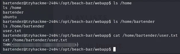 Retrieving the masked user flag from the bartender home directory