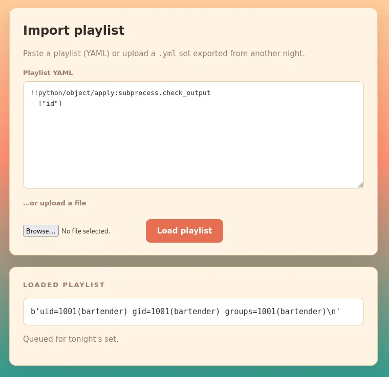 YAML payload executing id as the bartender user