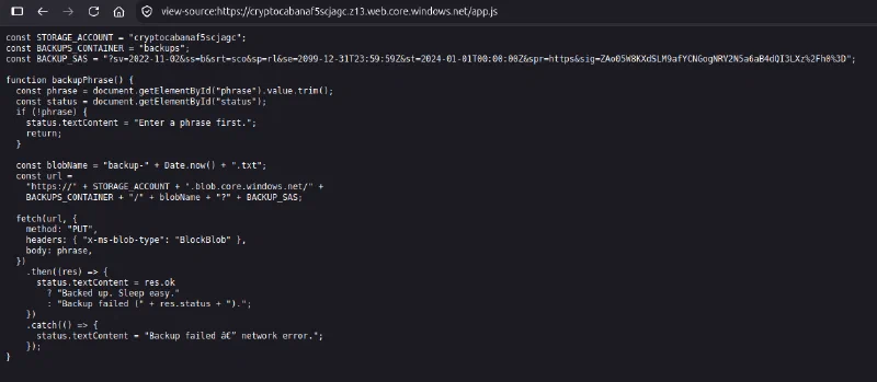 Client-side app.js exposing the storage account, container, and SAS token