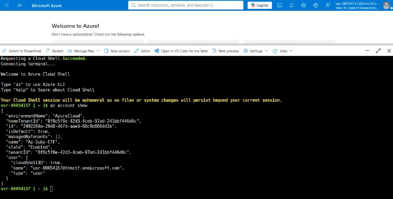 Azure Cloud Shell open and ready to run Azure CLI commands
