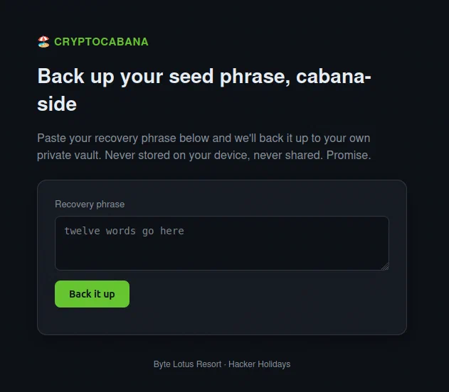 CryptoCabana kiosk asking the user to submit a recovery phrase