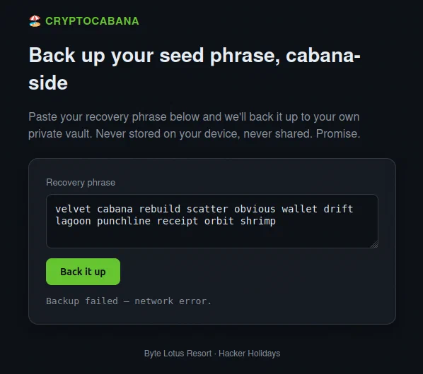 CryptoCabana rejecting the recovered seed phrase with a network error