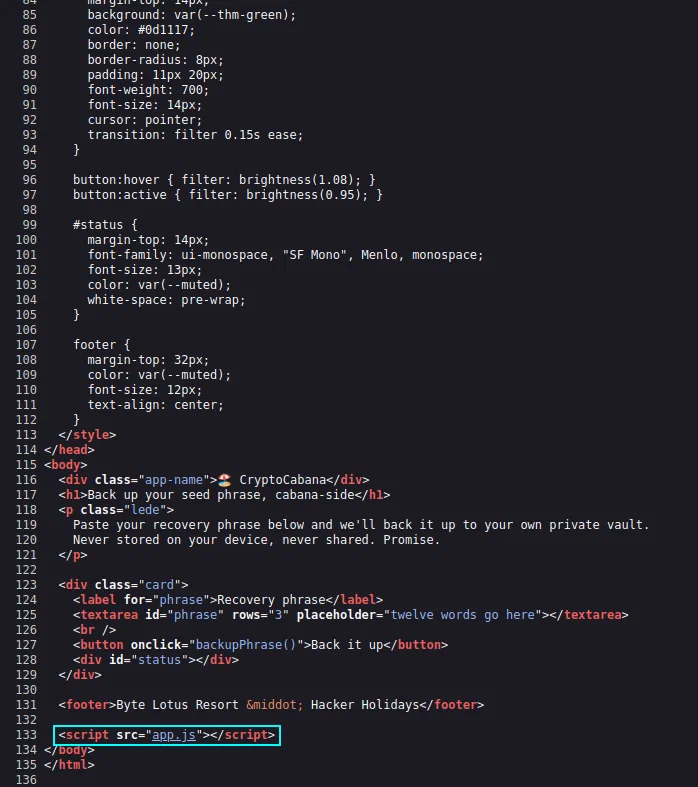 Page source loading app.js at the bottom of the document