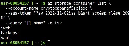 Azure CLI listing the three containers in the storage account