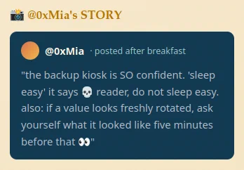 Mia warning that the backup kiosk leaks more than it protects
