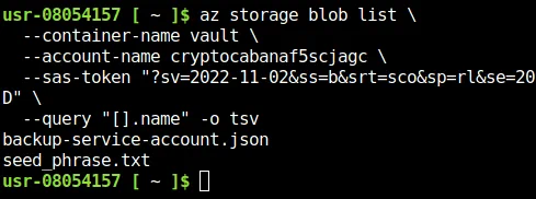 Azure CLI listing two blobs inside the hidden vault container
