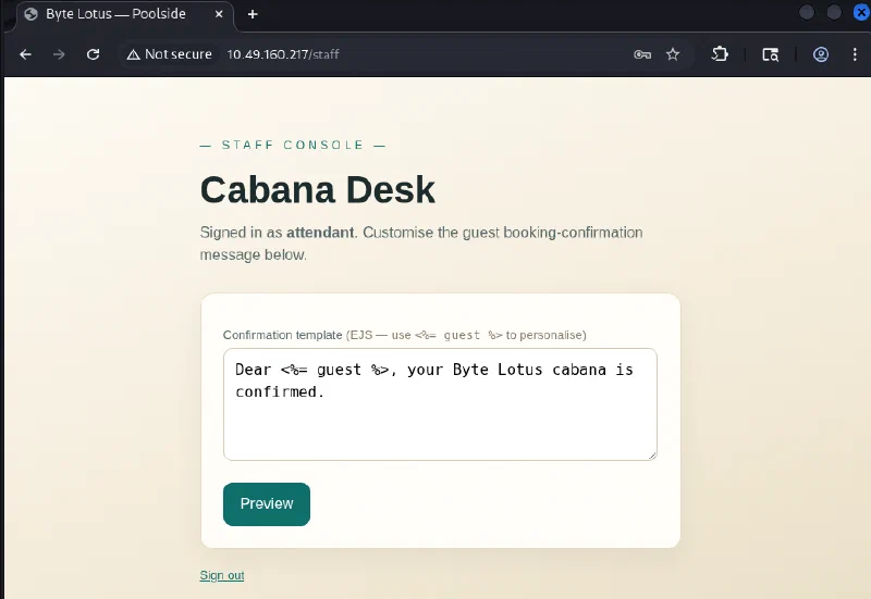 Cabana Desk exposing an editable EJS confirmation template