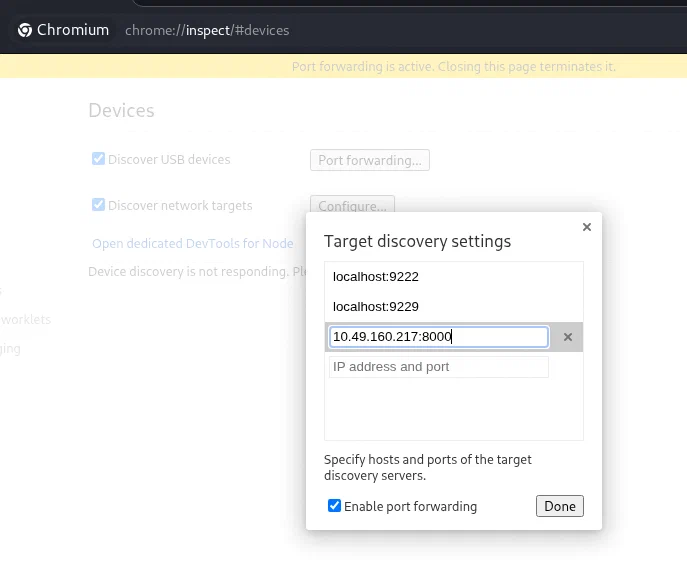 Chromium target discovery configured for the proxied inspector