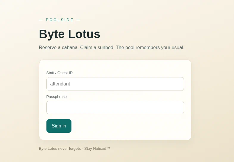 Byte Lotus poolside login page