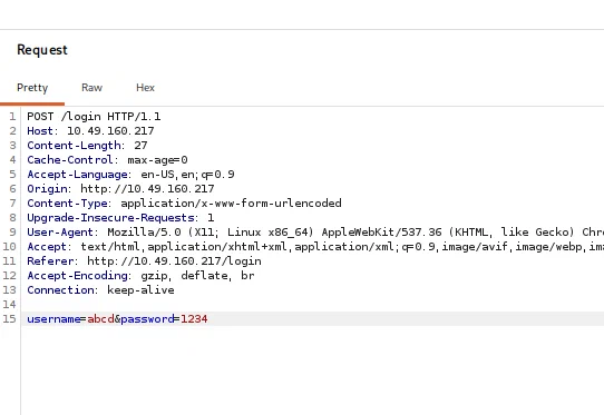 Intercepted baseline request to the login endpoint