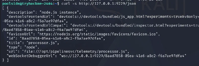 Metadata returned by the local Node.js inspector endpoint