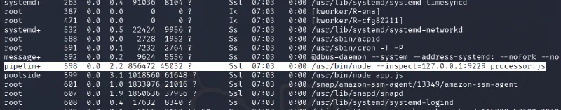 Process list showing a Node.js service with its inspector enabled