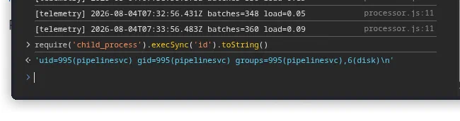 Node.js DevTools console executing id as pipelinesvc
