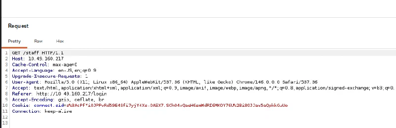 Request to the staff page using the session created by the first bypass