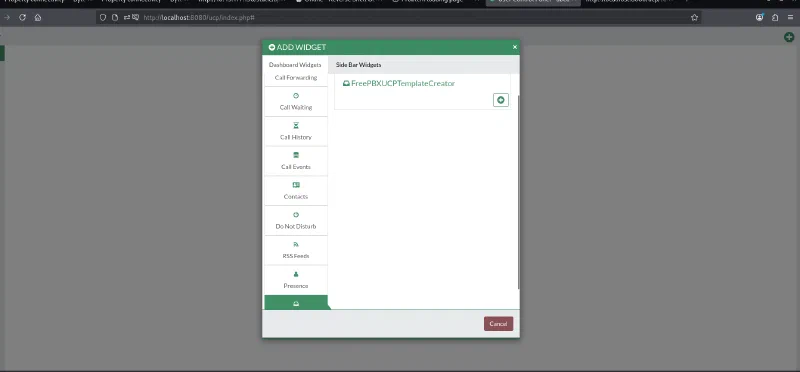FreePBX widget picker showing the template creator voicemail widget