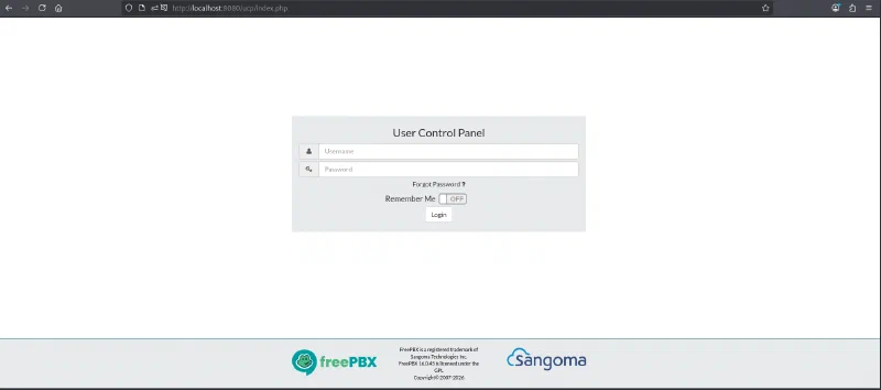 FreePBX User Control Panel login page reached through the SSH tunnel