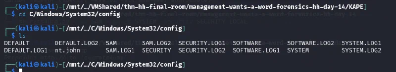 Windows System32\config directory listing with SAM, SYSTEM, and nt.john present