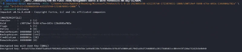 Impacket decrypting the DPAPI master key with Vera’s password
