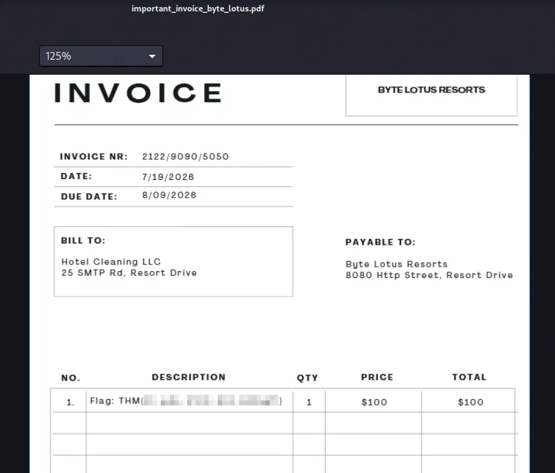 Invoice PDF containing the hidden flag in the line-item description