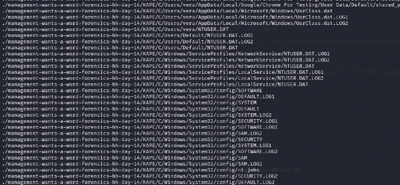 KAPE output showing the extracted file tree from the triage bundle